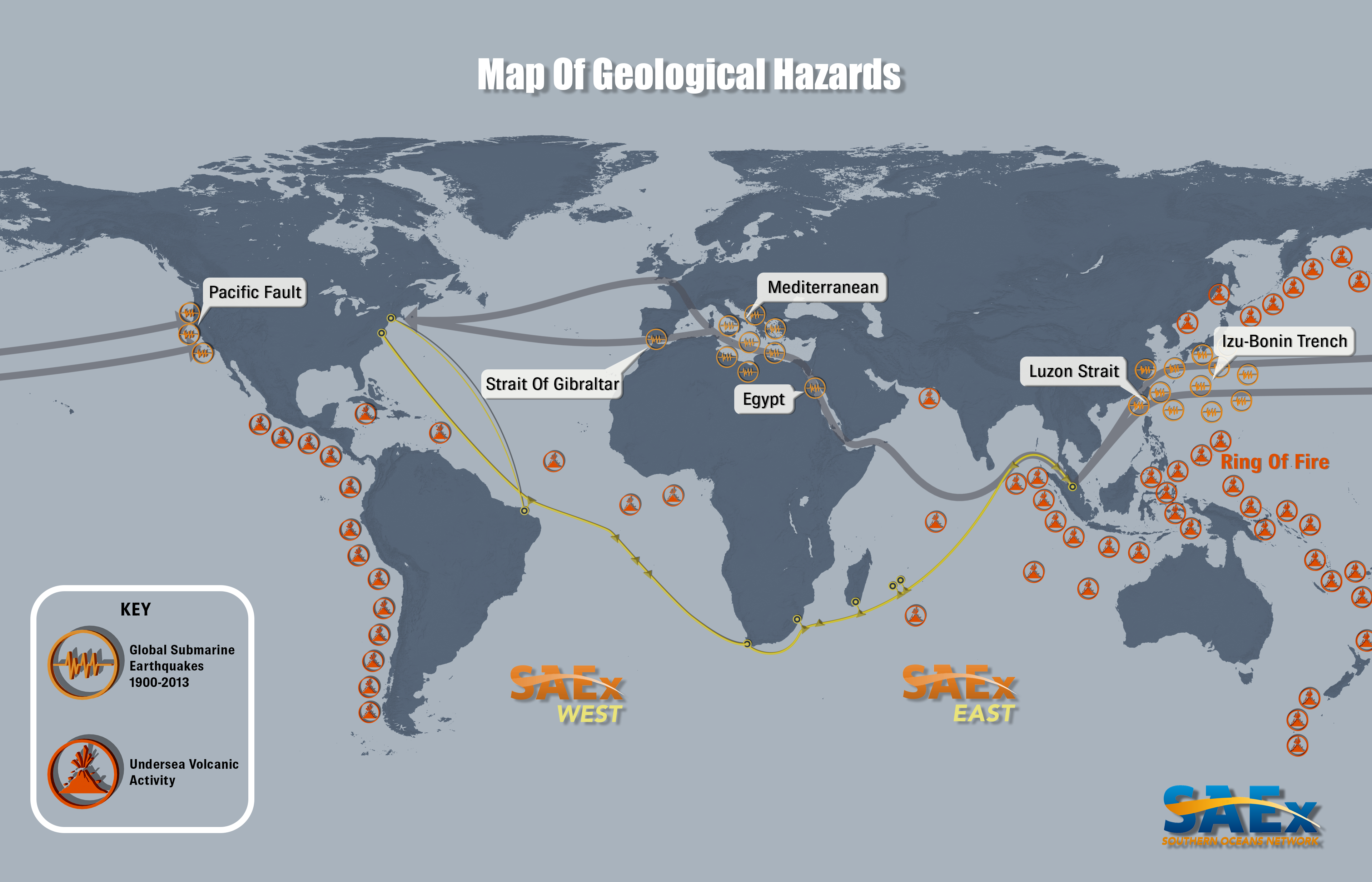 World Map of Submarine Earthquakes 1900-2013